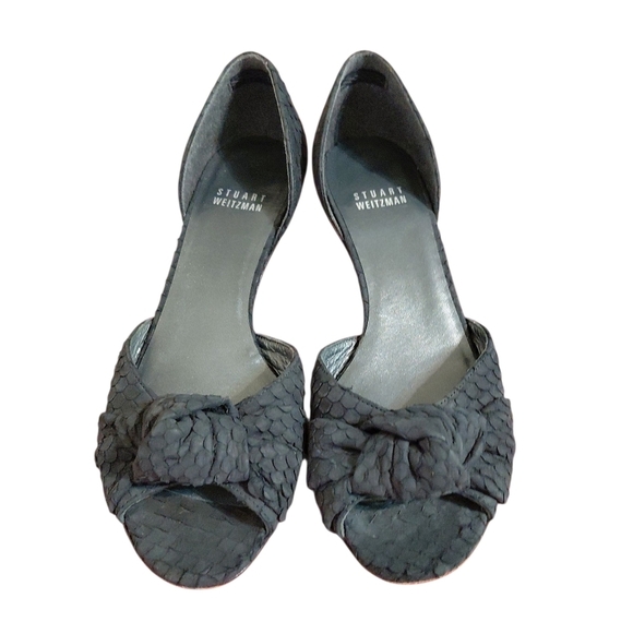 Stuart Weitzman BLack Leather Peep Toe Snakeskin Embossed Kitten Heels Size 6 M - Picture 3 of 11